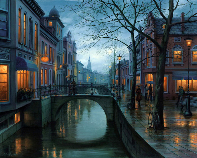 俄罗斯画家Evgeny Lushpin的画很逼真连雪夜的灯光都