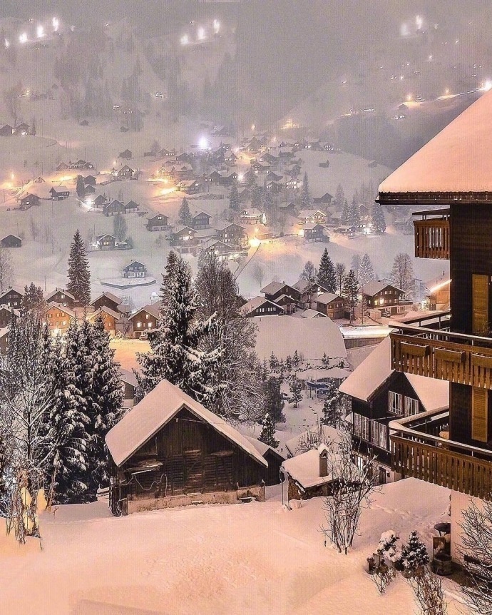 瑞士夜晚的雪景仿佛进入童话世界一样