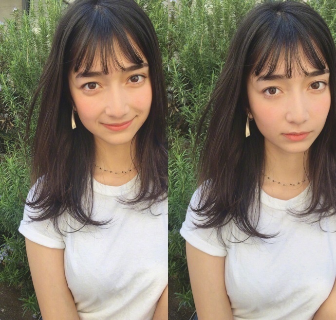 中长发遇见齐刘海美女自拍日系发型推荐