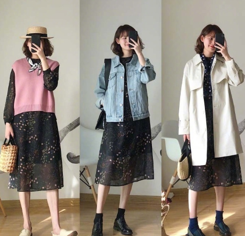 春日休闲风牛仔外套搭波点裙复古穿搭look