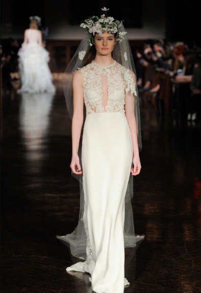 Reem Acra Bridal Spring 2019戴花冠的新娘婚纱礼服图片