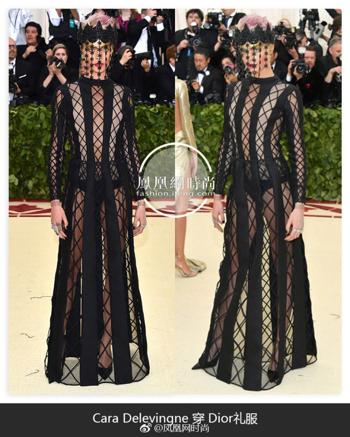 欧美美女Cara Delevingne身穿黑色礼服亮相2018 Met G