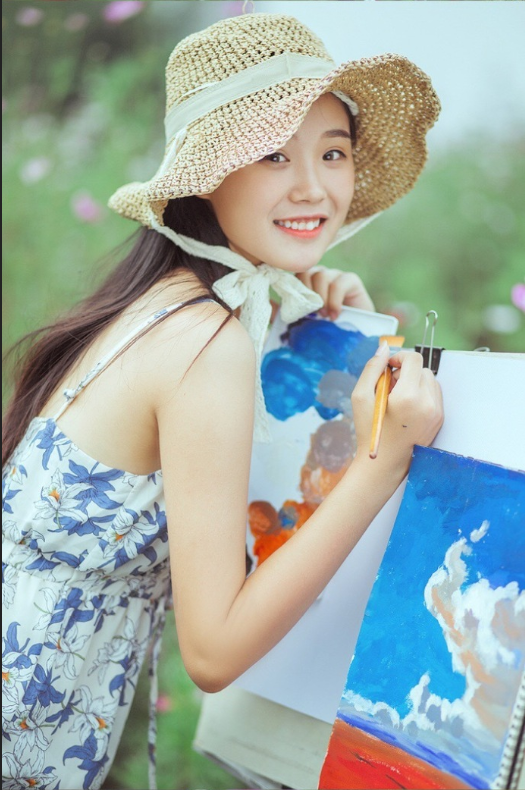 清纯美女草帽写生文艺图片