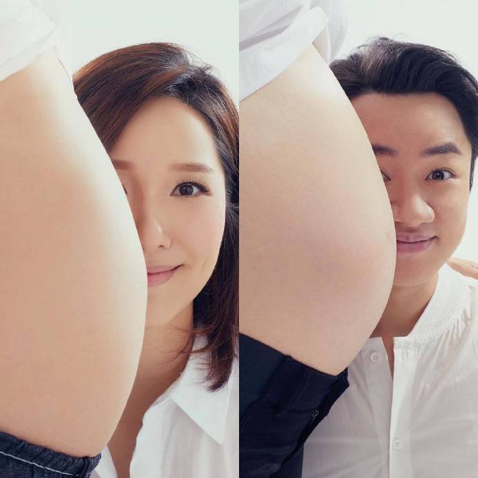 香港明星王祖蓝与妻子李亚男的孕妇照