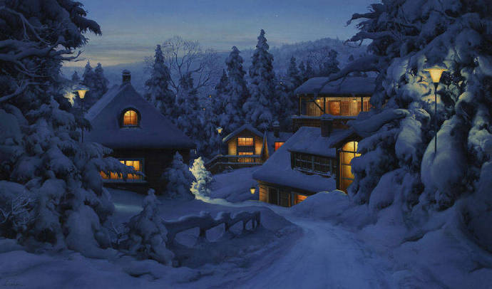 俄罗斯画家Evgeny Lushpin油画作品欧洲城市的雪夜