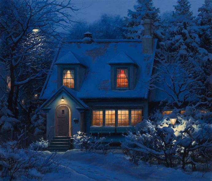 俄罗斯画家Evgeny Lushpin油画作品欧洲城市的雪夜