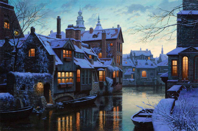 俄罗斯画家Evgeny Lushpin油画作品欧洲城市的雪夜