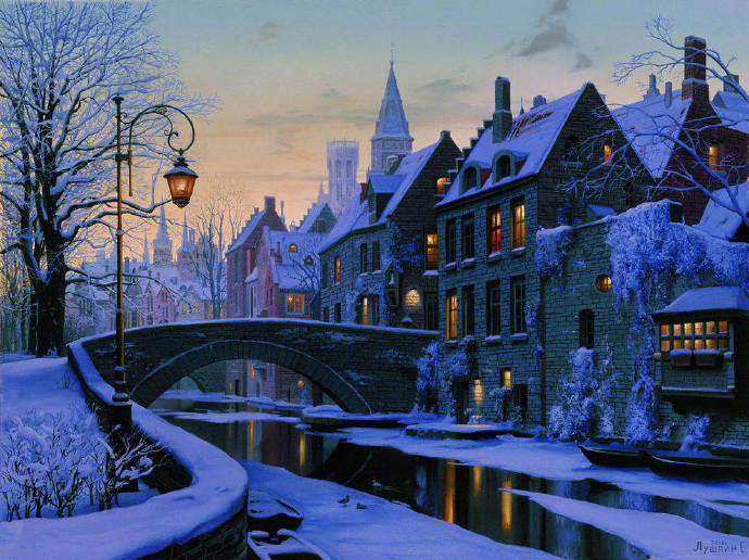 俄罗斯画家Evgeny Lushpin油画作品欧洲城市的雪夜