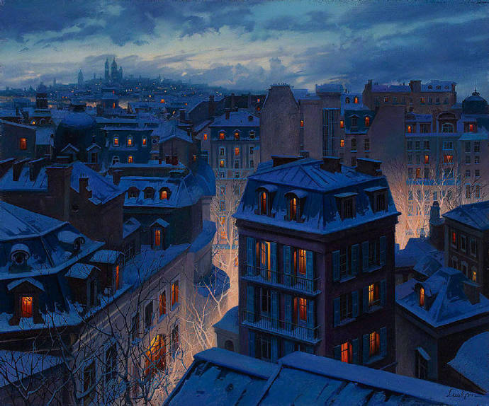 俄罗斯画家Evgeny Lushpin油画作品欧洲城市的雪夜