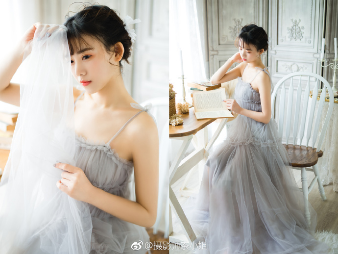 清纯美女灰色纱裙小清新图片