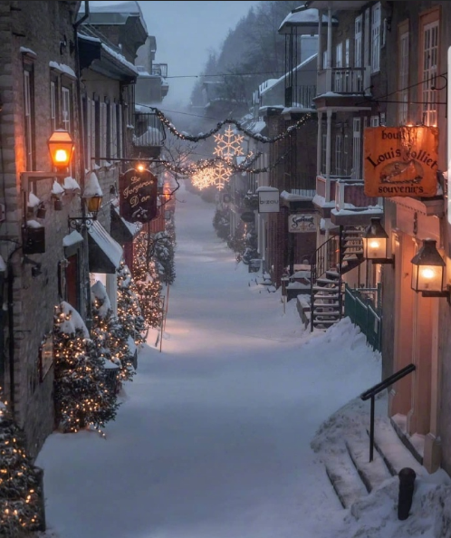 圣诞节魁北克小镇的唯美雪景图片