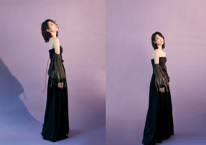 中国明星美女宋茜金缕气球袖长裙写真图片