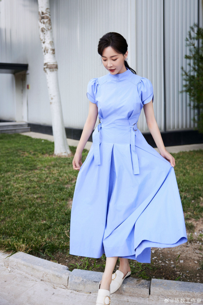 知性美女演员陈数蓝色连衣裙图片