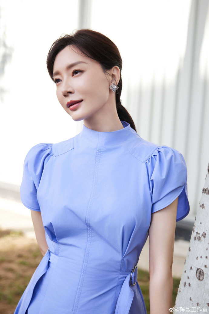 知性美女演员陈数蓝色连衣裙图片